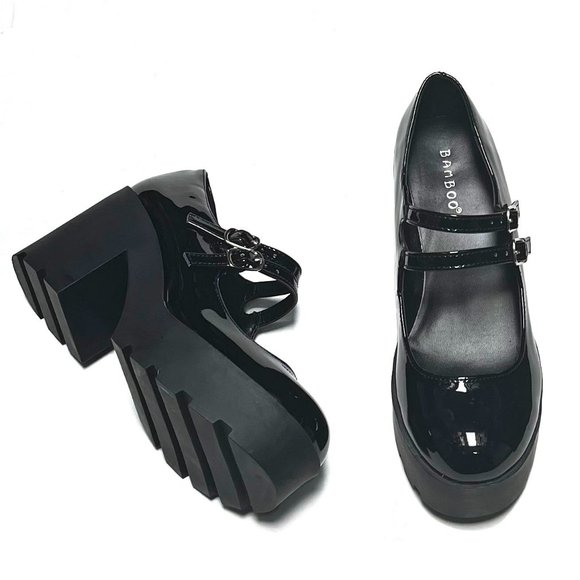 New Women's Black Patent Mary Jane School Girl Platform Heel Ballet Flats Pumps - Picture 5 of 6